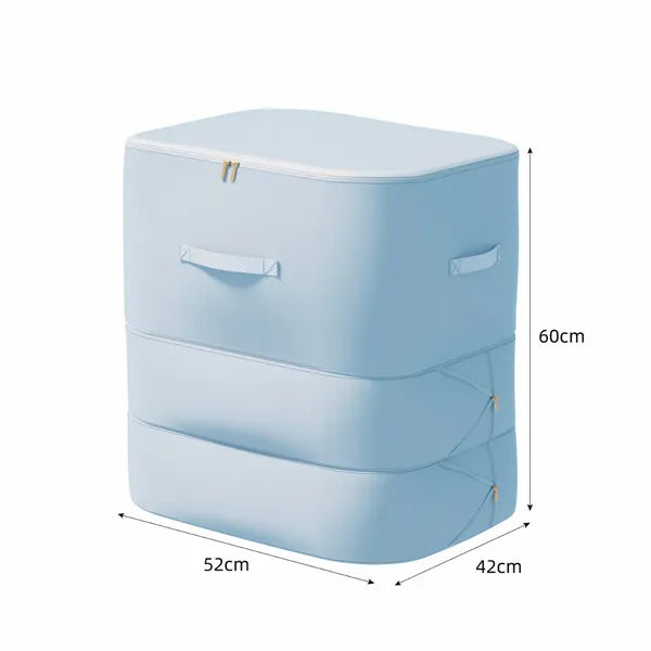 Un sac de compression couleur bleue est montré sur un fond blanc avec ses dimensions représentées en centimètres