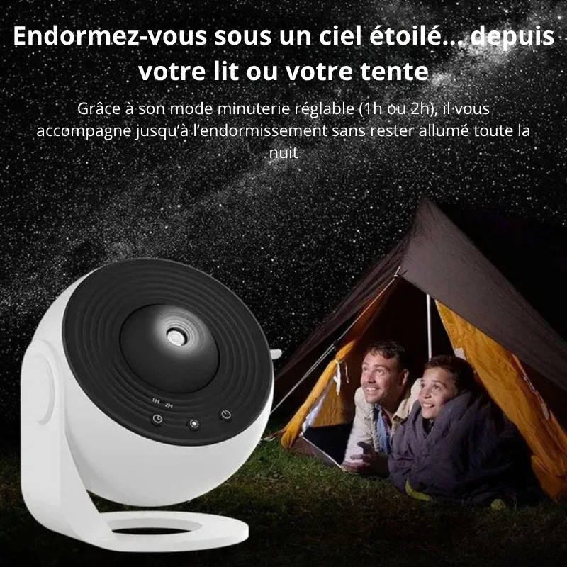 Un papa et son enfant sous une tente admirent les étoiles dans le ciel la nuit