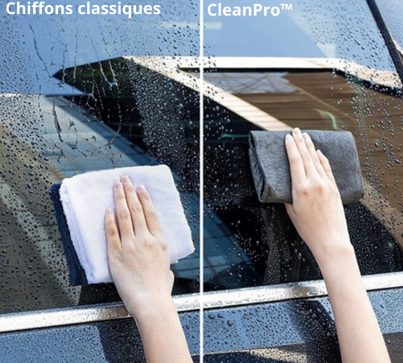 Un comparatif entre un chiffon classique et un chiffon magique sur une vitre de voiture