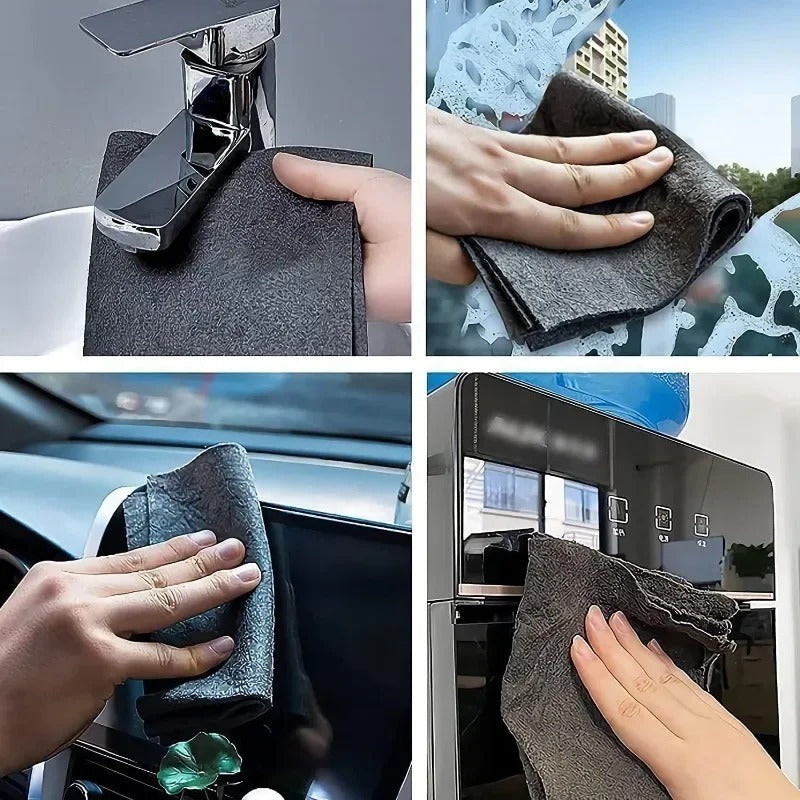 Plusieurs images montrent un chiffon réutilisable efficace sur différentes surfaces à nettoyer comme le verre, la céramique, le plastique ou l'inox