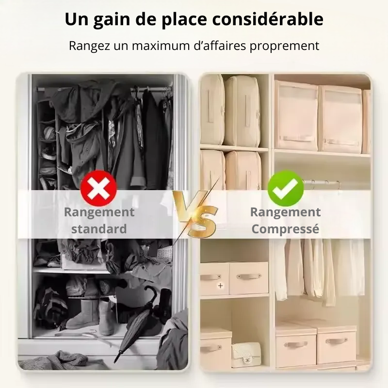 Un comparatif montrant une armoire remplie de vêtements tantôt sans sac de compression en désordre et ensuite avec des sacs compressibles de rangement parfaitement ordonnés