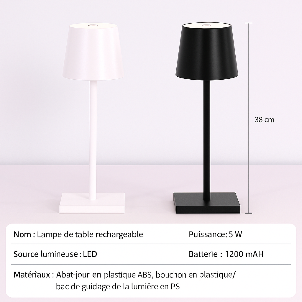 Les dimensions des lampes de tables sont représentées et les caractéristiques sont écrites plus bas noir sur blanc