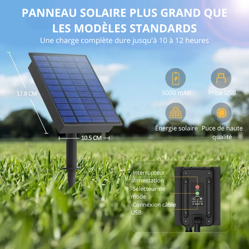 Zoom sur le panneau solaire haute efficacité de la guirlande extérieure LED, monté sur un piquet orientable