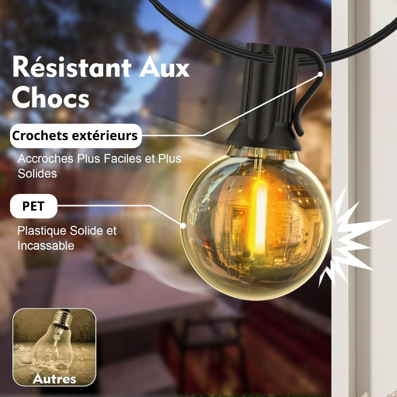 Guirlande solaire LED installée le long d'une clôture en bois dans un jardin, démontrant une installation simple et rapide