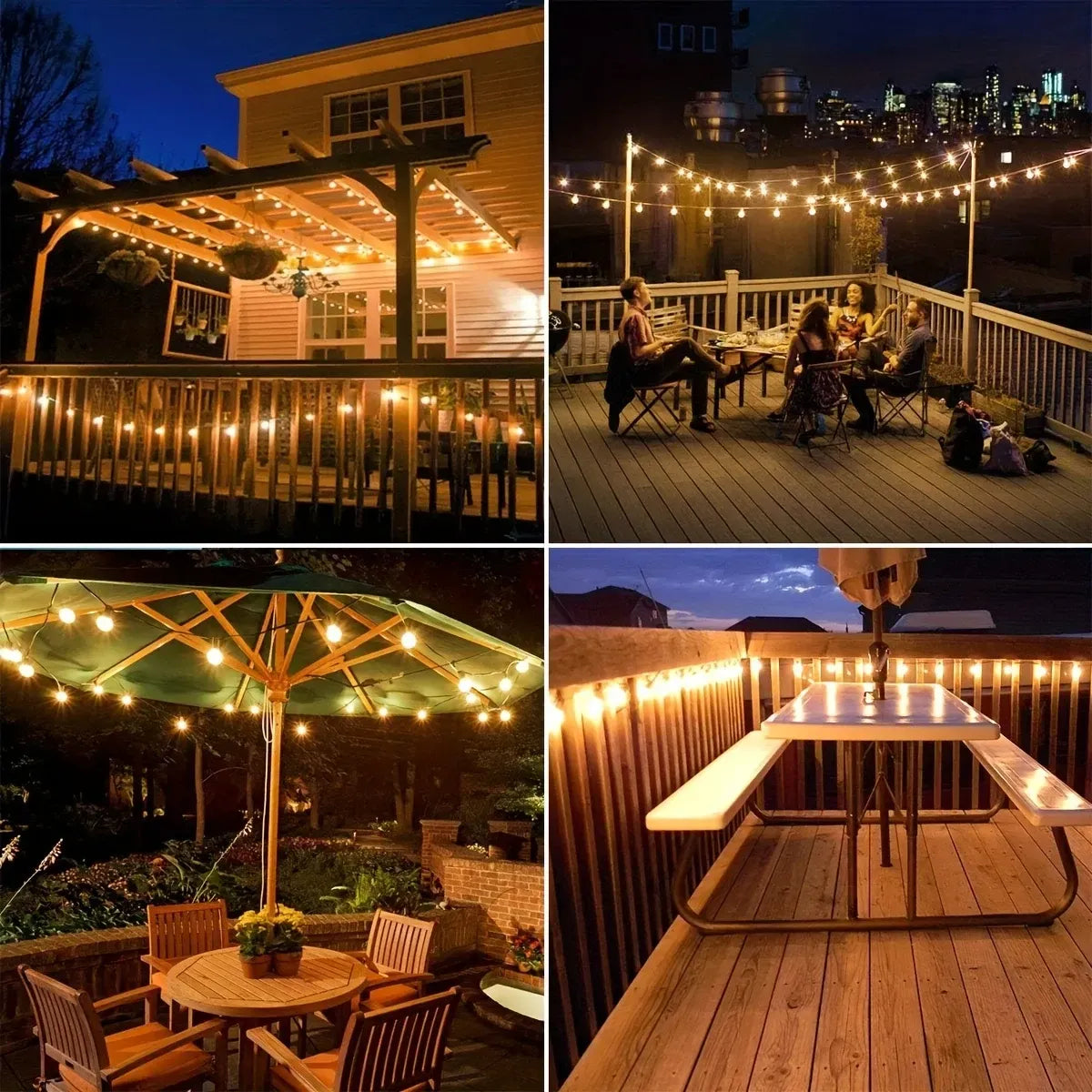 Guirlande solaire LED enroulée autour de buissons et de plantes extérieures, terrasses en bois illuminant le jardin avec douceur