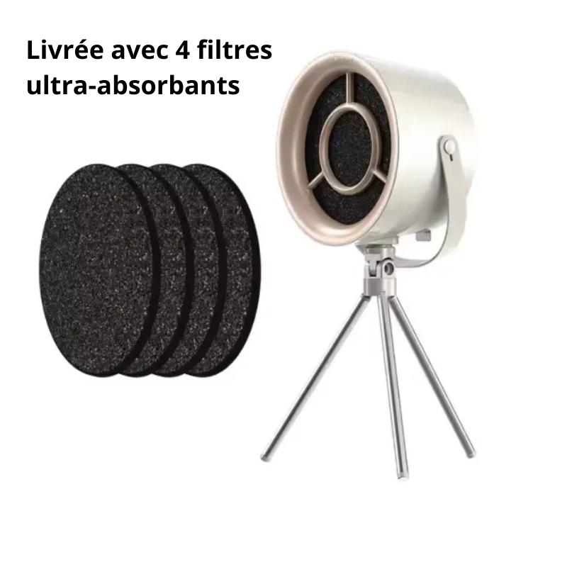 La hotte de cuisine portable est montrée avec ses quatre filtres inclus dans le colis