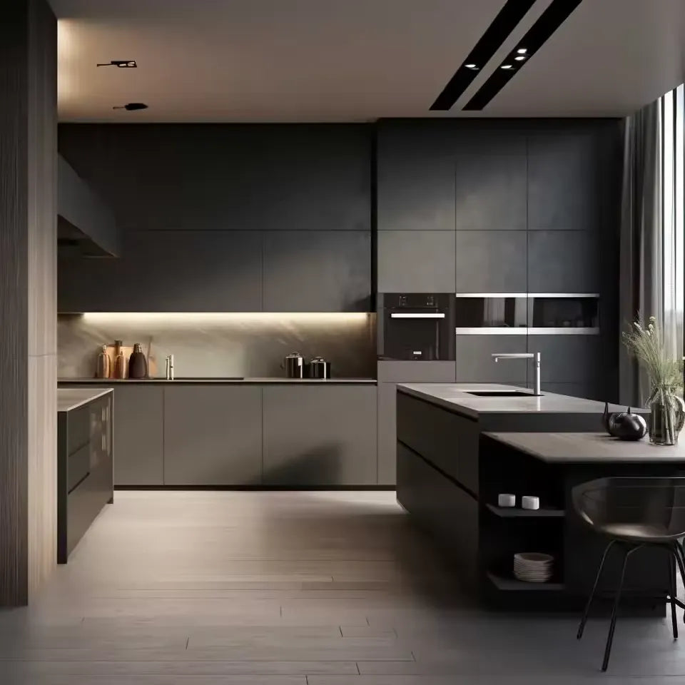 Une grande barre aux leds éclaire une cuisine design