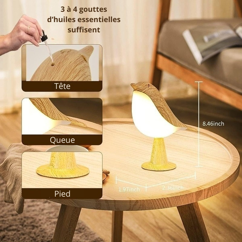 Une jolie lampe en forme d'oiseau aux leds tactile et portable permet en même temps de diffuser des huiles essentielles