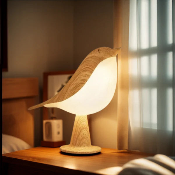 Magnifique lampe led tactile en forme d'oiseau est allumée et posée sur un meuble à côté du lit