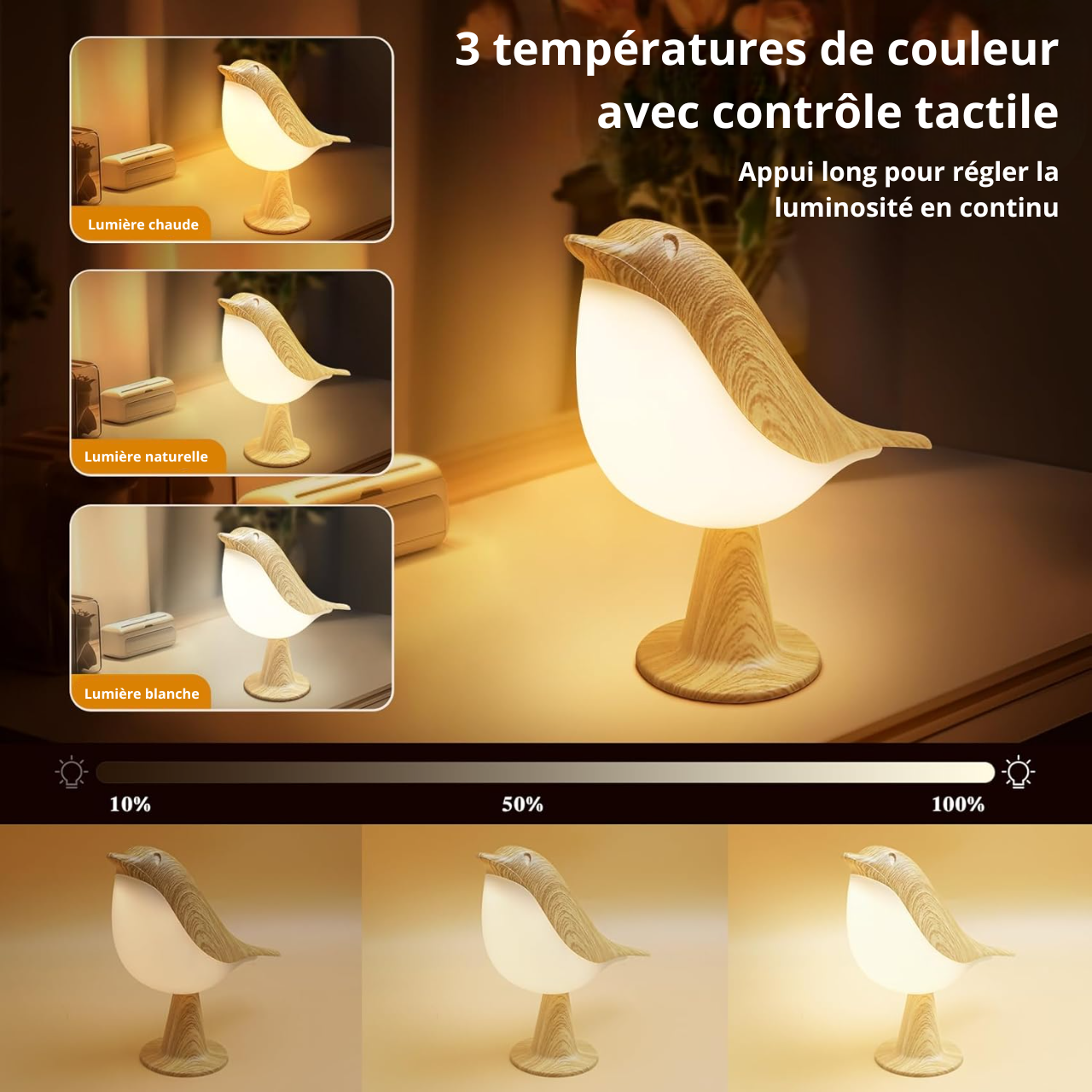 Une lampe en forme d'oiseau sans fil est présentée avec ses différents modes de luminosité réglable tactiles