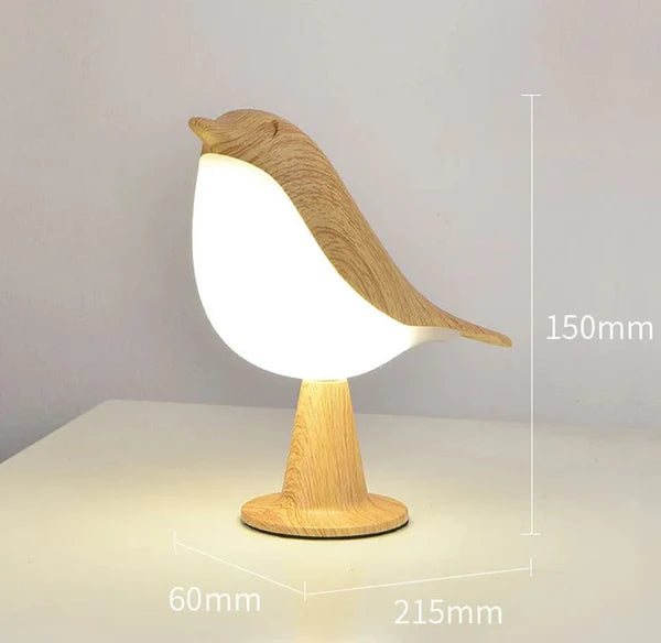 Lampe oiseaux vue de côté, structure blanche et socle rond avec ses dimensions précisées