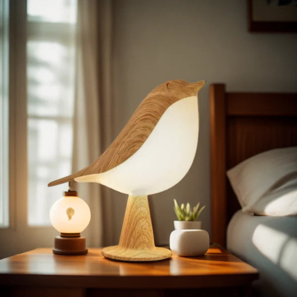 Lampe led en forme d'oiseau portable allumée diffusant une lumière douce sur une table de nuit