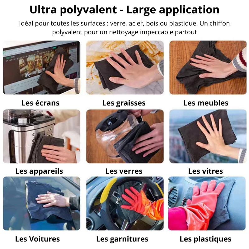 Plusieurs images mettent en situation une lingette magique anti-trace sur différentes surfaces sales