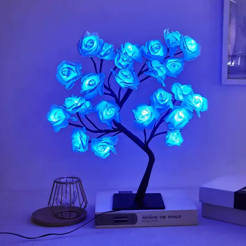 Très belle lampe led bleue illumine une chambre aux murs blancs