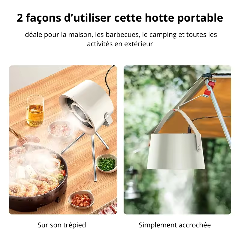 Appareil d’aspiration de vapeur présenté en mode usage sur son trépied et aussi accrochée sans son trépied dehors pendant la cuisson des aliments