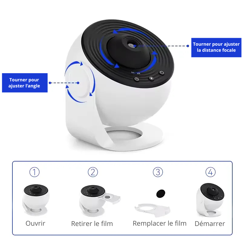 Minuteur et rotation ajustable du projecteur galaxie sur fond blanc