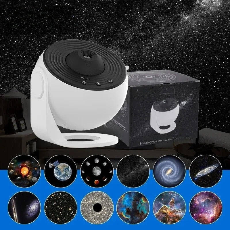 Un projecteur de galaxies est présenté avec sa boite devant un décor de nuit étoilée