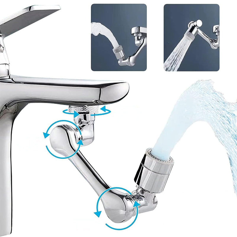 Un robinet polyvalent 1080° avec extension articulé en inox est présenté sur un fond blanc