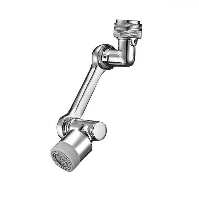 Un robinet en inox avec système de bras articulé est présenté sur un fond blanc