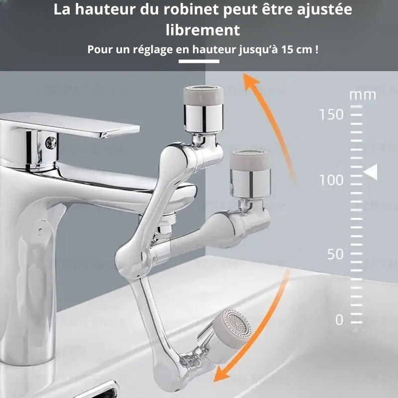 Une illustration qui indique que le robinet 1080° peut se régler en hauteur facilement pour un confort d'utilisation optimal