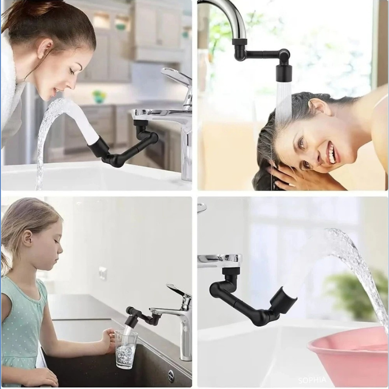 Robinet avec embout rotatif 360°, permettant un jet d'eau orientable et anti-éclaboussures