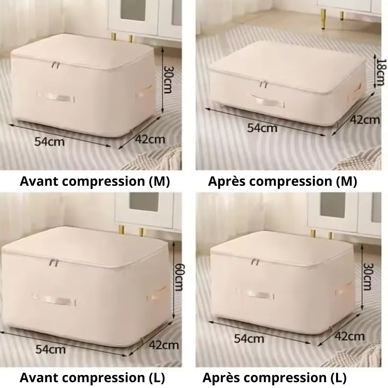 Illustration des différentes variantes en tailles d'un sac compressible pour vêtements