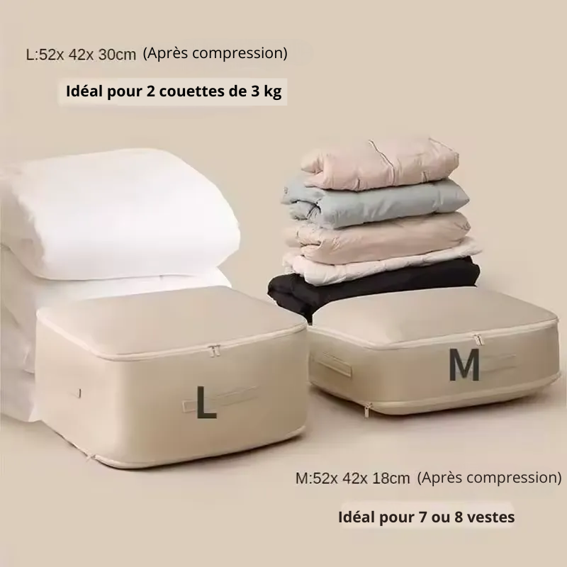Des sacs compressibles sont représentés sur un fond clair