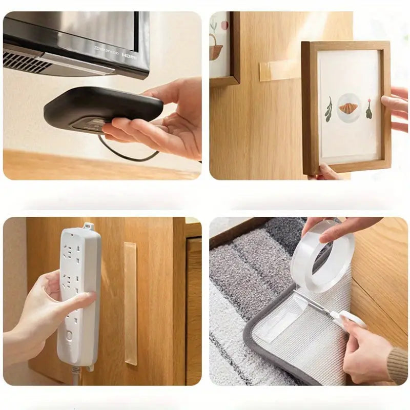 Un ruban collant double-face puissant multi-surfaces permet de fixer divers éléments facilement sans clous ni vis comme un tableau, un tapis au sol, une multiprise ou un accessoire de télé