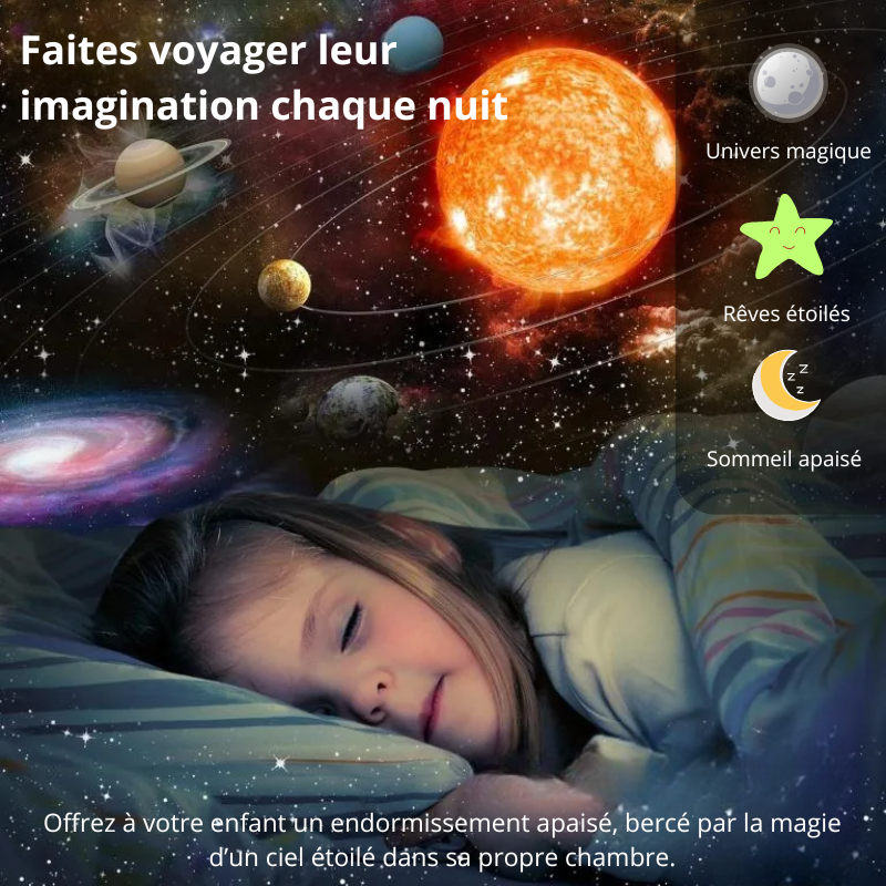 Enfant dormant paisiblement sous une projection de galaxie colorée grâce à une veilleuse LED Galaxium