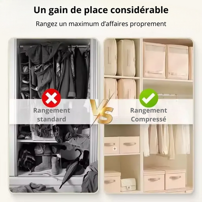 Un comparatif montrant une armoire remplie de vêtements tantôt sans sac de compression en désordre et ensuite avec des sacs compressibles de rangement parfaitement ordonnés