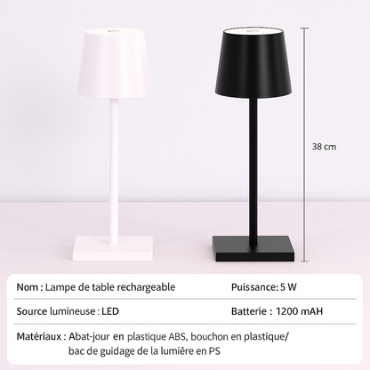 Les dimensions des lampes de tables sont représentées et les caractéristiques sont écrites plus bas noir sur blanc