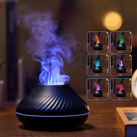 Diffuseur d'huiles essentielles avec détail des différentes couleurs des flammes LED et de la diffusion de vapeur