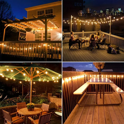 Guirlande solaire LED enroulée autour de buissons et de plantes extérieures, terrasses en bois illuminant le jardin avec douceur