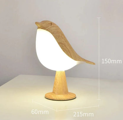 Lampe oiseaux vue de côté, structure blanche et socle rond avec ses dimensions précisées