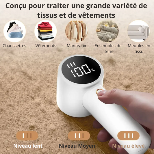 Un rasoir anti-bouloches blanc avec des bulles d'information montrant les différents vêtements qui sont traitables