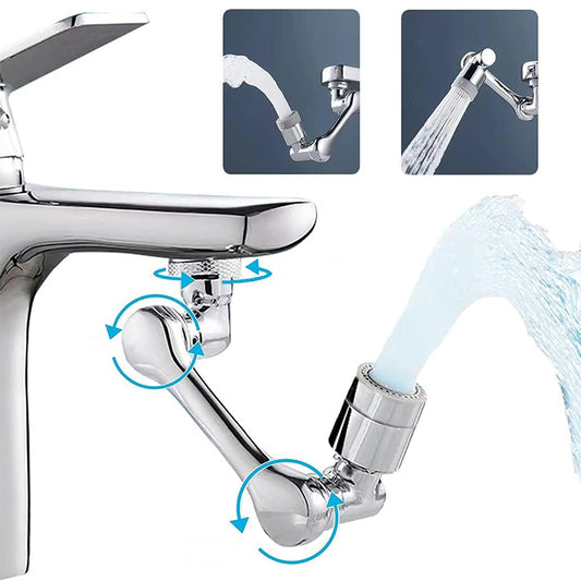 Un robinet polyvalent 1080° avec extension articulé en inox est présenté sur un fond blanc