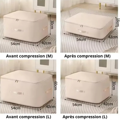 Illustration des différentes variantes en tailles d'un sac compressible pour vêtements